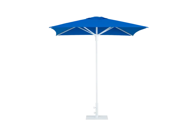 A full view of the square-shaped blue Frappe center-pole umbrella, open and displayed with its sturdy white pole and matching white base against a light grey background.