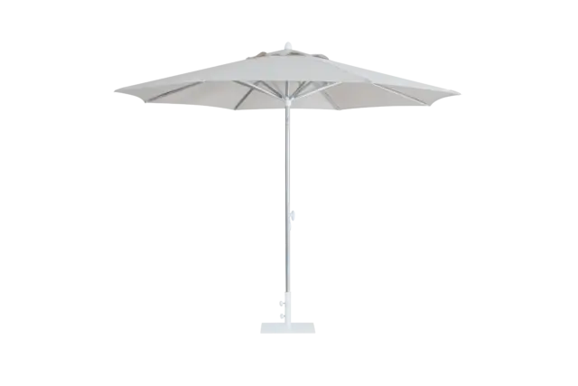 Full view of the light-colored Easy Life I center pole umbrella, fully open against a plain background, showing its octagonal canopy and sturdy base.