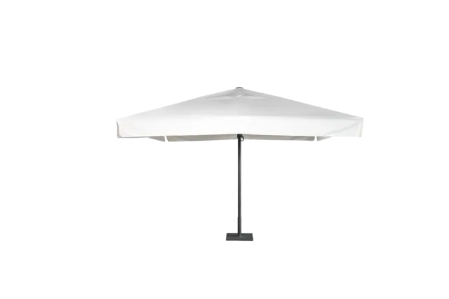 The square Istanbul center pole market umbrella is shown fully open, displaying its large white canopy, sturdy black central pole, and heavy-duty square base.
