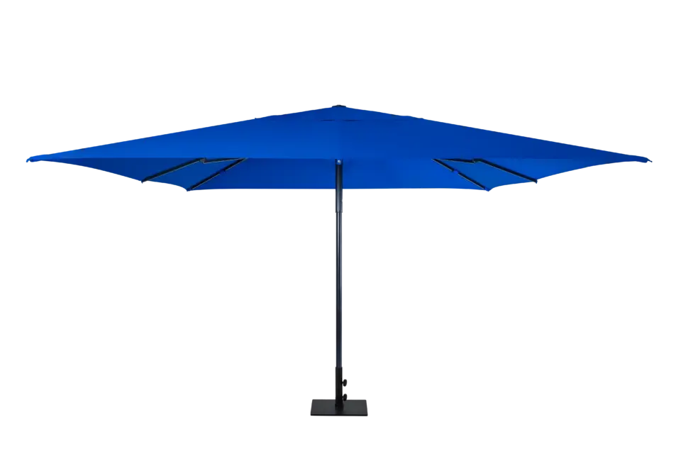 The royal blue Luciano commercial outdoor umbrella fully open, viewed from the front, showcasing its large rectangular canopy and sturdy central pole with a square base.