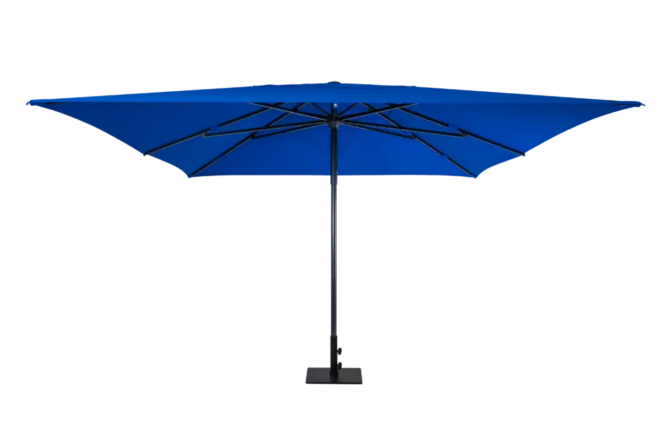 Side profile of the open royal blue Luciano umbrella, revealing the robust black internal rib structure and central support pole designed for commercial use.