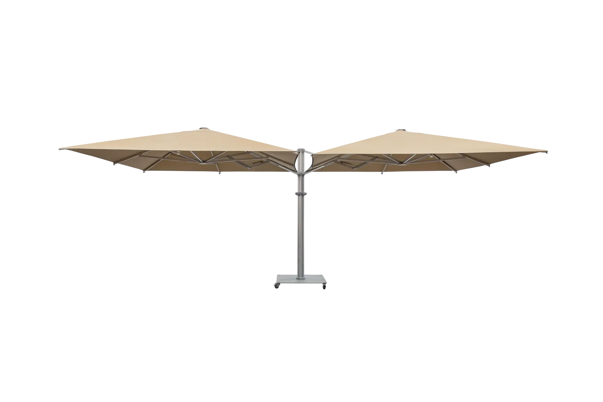 A full-view product shot of the M2 Maximus, a large, tan double-headed parasol with a central aluminum pole and a mobile wheeled base, against a neutral background.