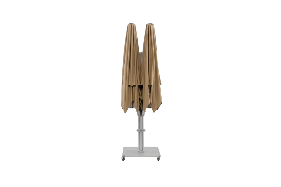 A full product shot of the M2 Maximus double-headed parasol in its completely folded and closed position, standing upright on its wheeled base.