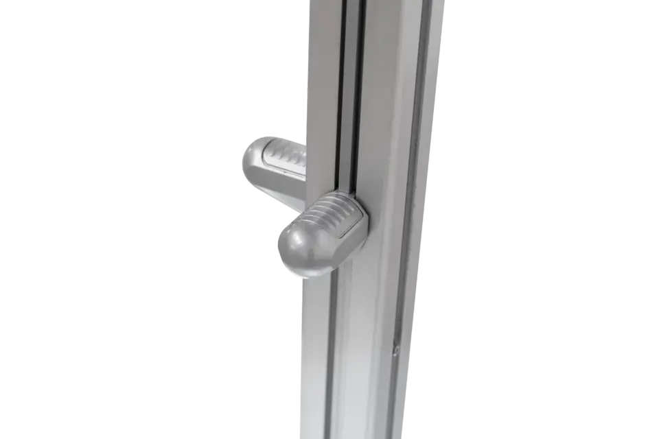 A detailed shot of one of the polished metal components or joints on the main pole of the M2 Maximus umbrella.