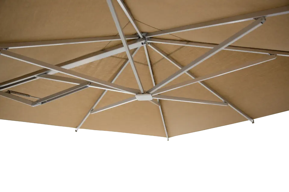 A detailed view from below the M2 Maximus canopy, highlighting the mechanical system and strong ribs that provide tension and stability to the dual shades.