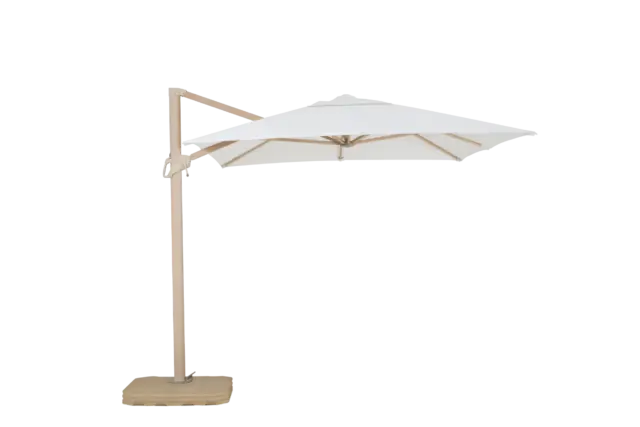 A studio shot of the complete Milano cantilever umbrella with a light wood-finish frame, a square cream canopy, and a sturdy matching base.