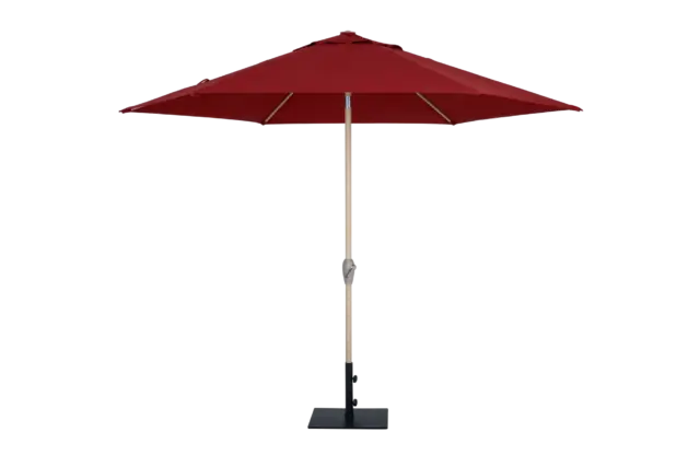 A straight-on view of the fully open O2 commercial market umbrella, featuring a red octagonal canopy and a light wood-finish center pole.