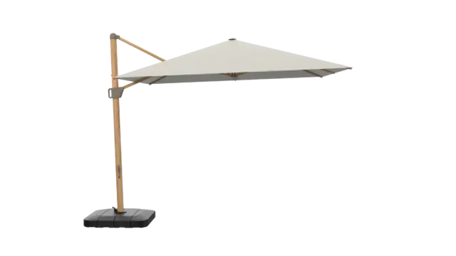 A full side profile of the Palatinus cantilever umbrella, showcasing its expansive square canopy, wood-finish frame, and offset base design for optimal shade coverage.