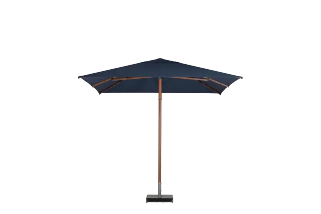 An open Piazza center pole square market umbrella with a navy fabric canopy and a wood-tone pole, set on a square base.