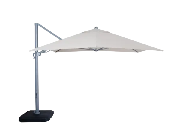A full product view of the beige Utrecht cantilever umbrella. The canopy is fully open, supported by a modern grey aluminum side-post and a sturdy black base.