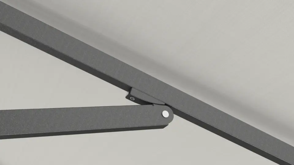 A detailed shot of the joint where the horizontal arm connects to the vertical pole of the V1X cantilever umbrella, highlighting its sturdy construction.