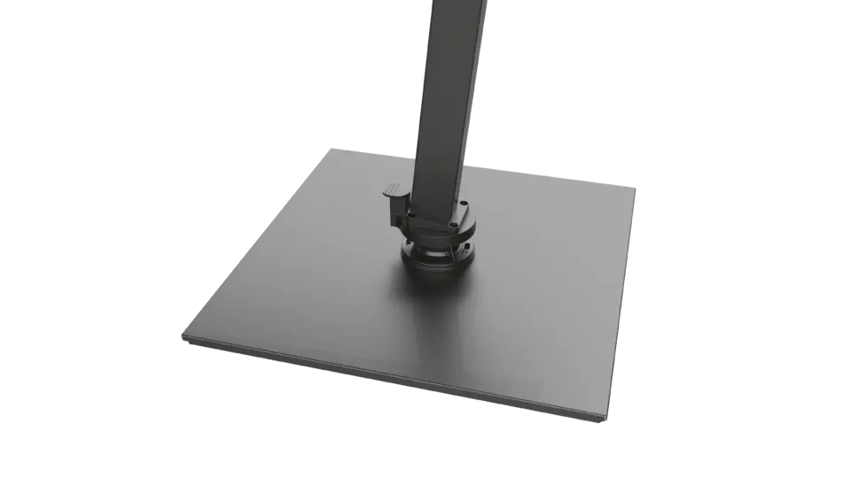 A close-up view of the sturdy, square flat base plate of the V1X cantilever umbrella, designed for stability.