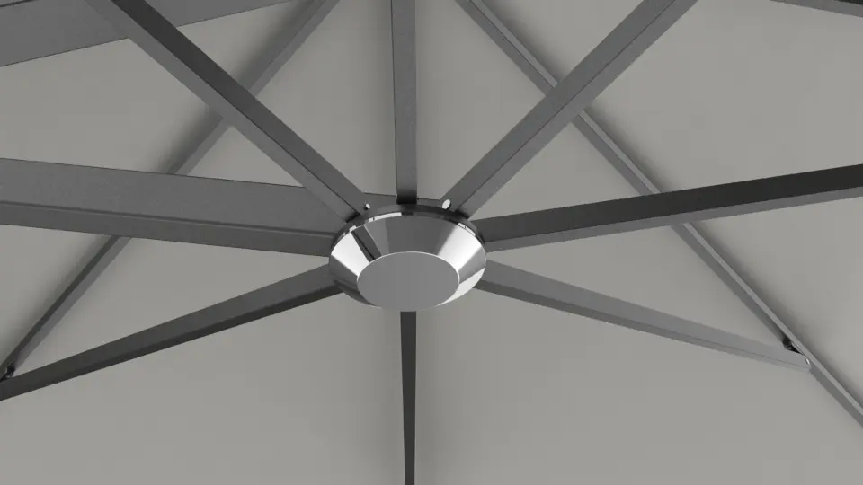 An underneath close-up view of the central hub where the V1X umbrella ribs connect, showing the internal structure and a central cap.