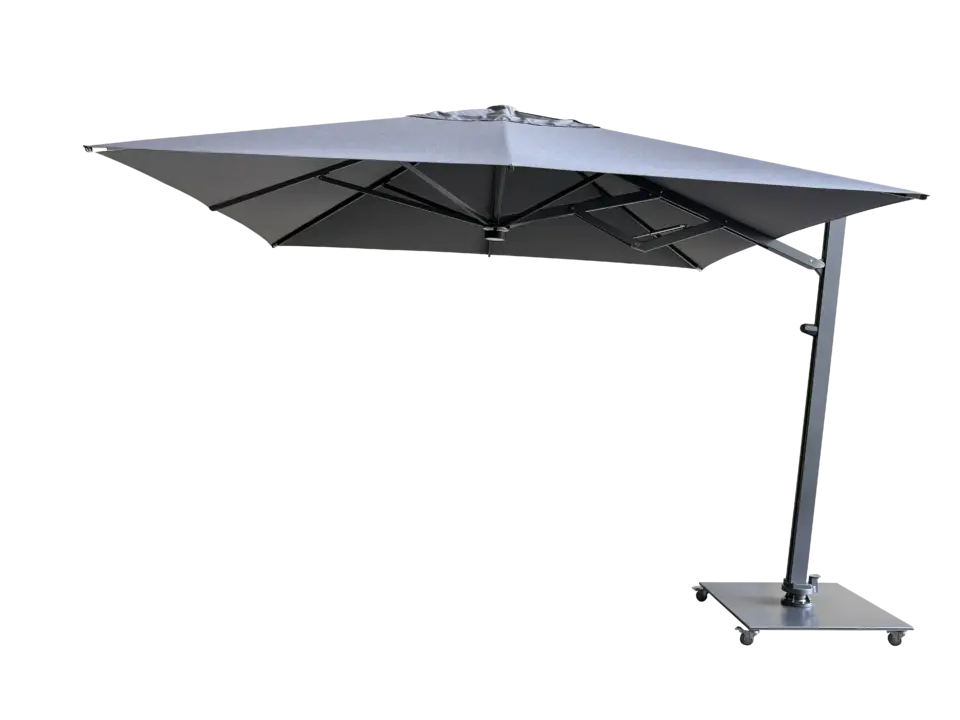 An angled product view of the V1X cantilever umbrella with a square grey canopy, showcasing its offset design and robust pole and base.