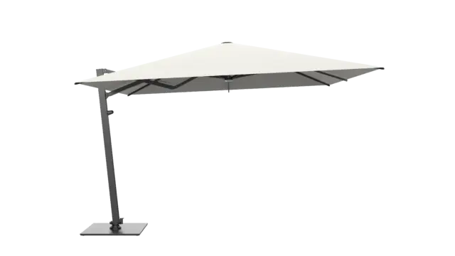 A full product view of the V1X cantilever umbrella, featuring a square off-white canopy supported by a dark grey offset pole and a flat base, against a plain background.