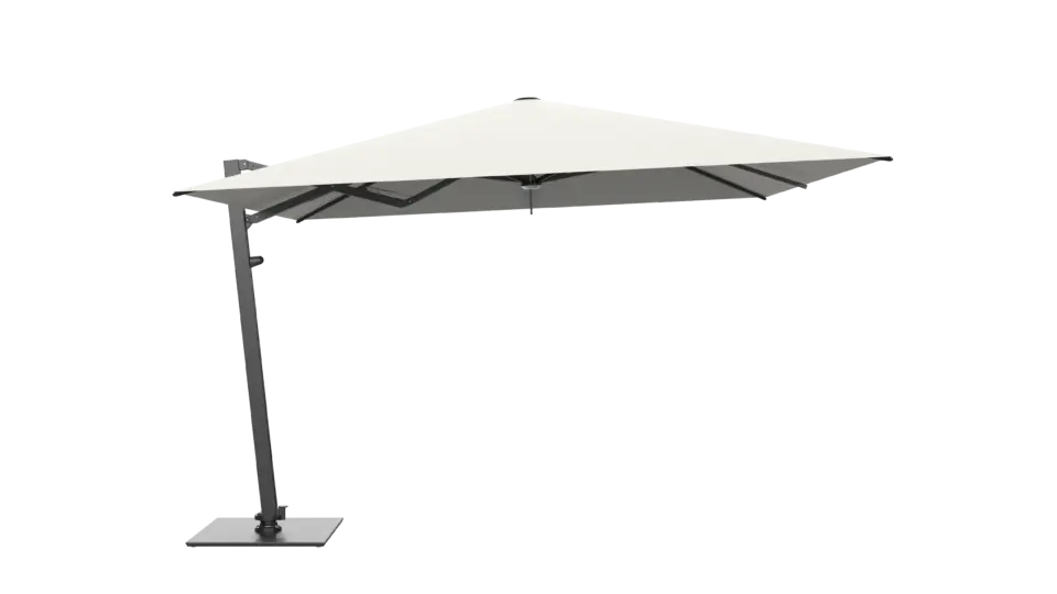 A full product view of the V1X cantilever umbrella, featuring a square off-white canopy supported by a dark grey offset pole and a flat base, against a plain background.