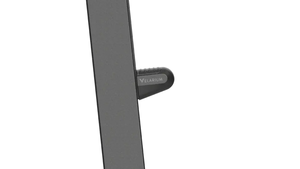 A close-up detail shot of a functional mechanism or joint on the dark grey pole of the V1X cantilever umbrella.