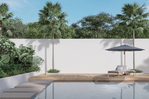 Tempo Andrews Cusine umbrella in a stylish poolside setting with lounge chair