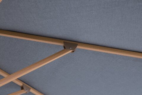 Tempo Andrews Cusine: Angle view of the umbrella mechanism and grey fabric.