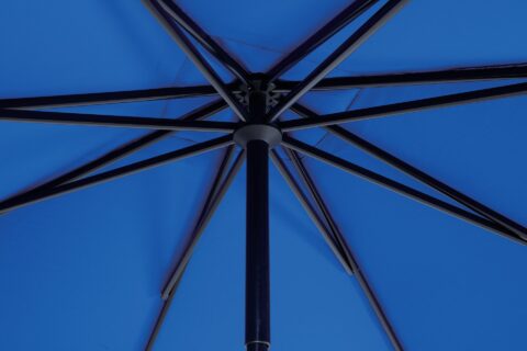 Tempo Cabelle umbrella underside view showing the frame and blue canopy.