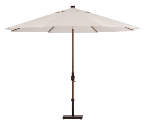 Catania Swirl Aurora umbrella with built-in lighting in outdoor setting at dusk.