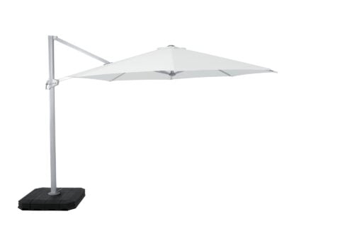 Tempo Chavela square cantilever umbrella, white fabric on white background.