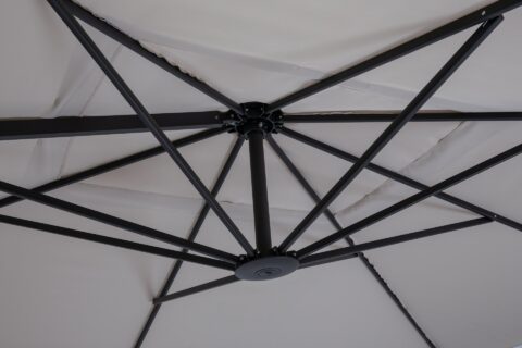 Tempo Cicero outdoor umbrella underside frame and canopy detail.