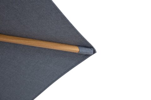 Tempo Daintree umbrella close up showing grey fabric and faux wood frame.