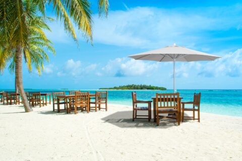 Tempo Easy Life I umbrella in an outdoor setting on a tropical beach.