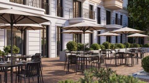 Frappe outdoor umbrella in use