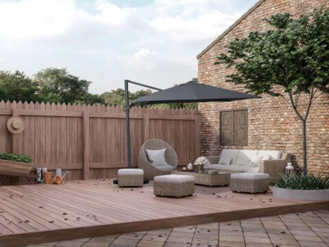 Tempo Frida umbrella in an outdoor patio setting.