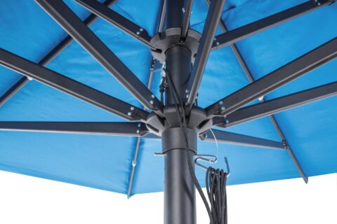 Tempo Leuven umbrella underside showing ribs and center post and mechanism.