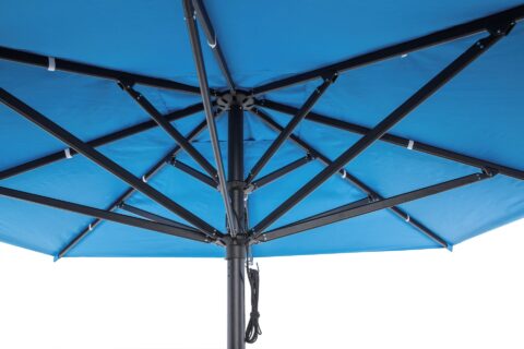 Tempo Leuven umbrella seen from underneath, showing frame and canopy in blue.