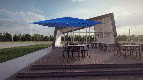 Tempo Luciano umbrella in a patio setting