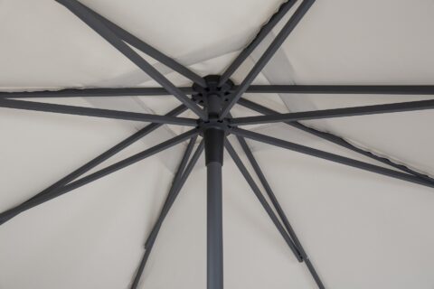 Close-up of the Tempo Lyon umbrella showing the frame and canopy underside.