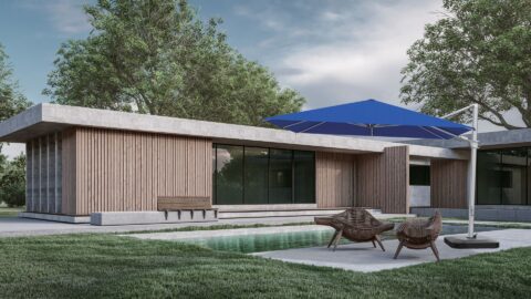Tempo Maas umbrella in a modern outdoor setting with pool and chairs.