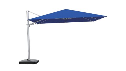 Tempo Maas outdoor umbrella, open with blue canopy, hero shot.