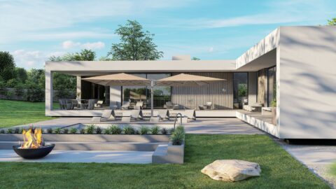 Tempo Maximus M2 M3 M4 outdoor umbrella in a modern patio setting.