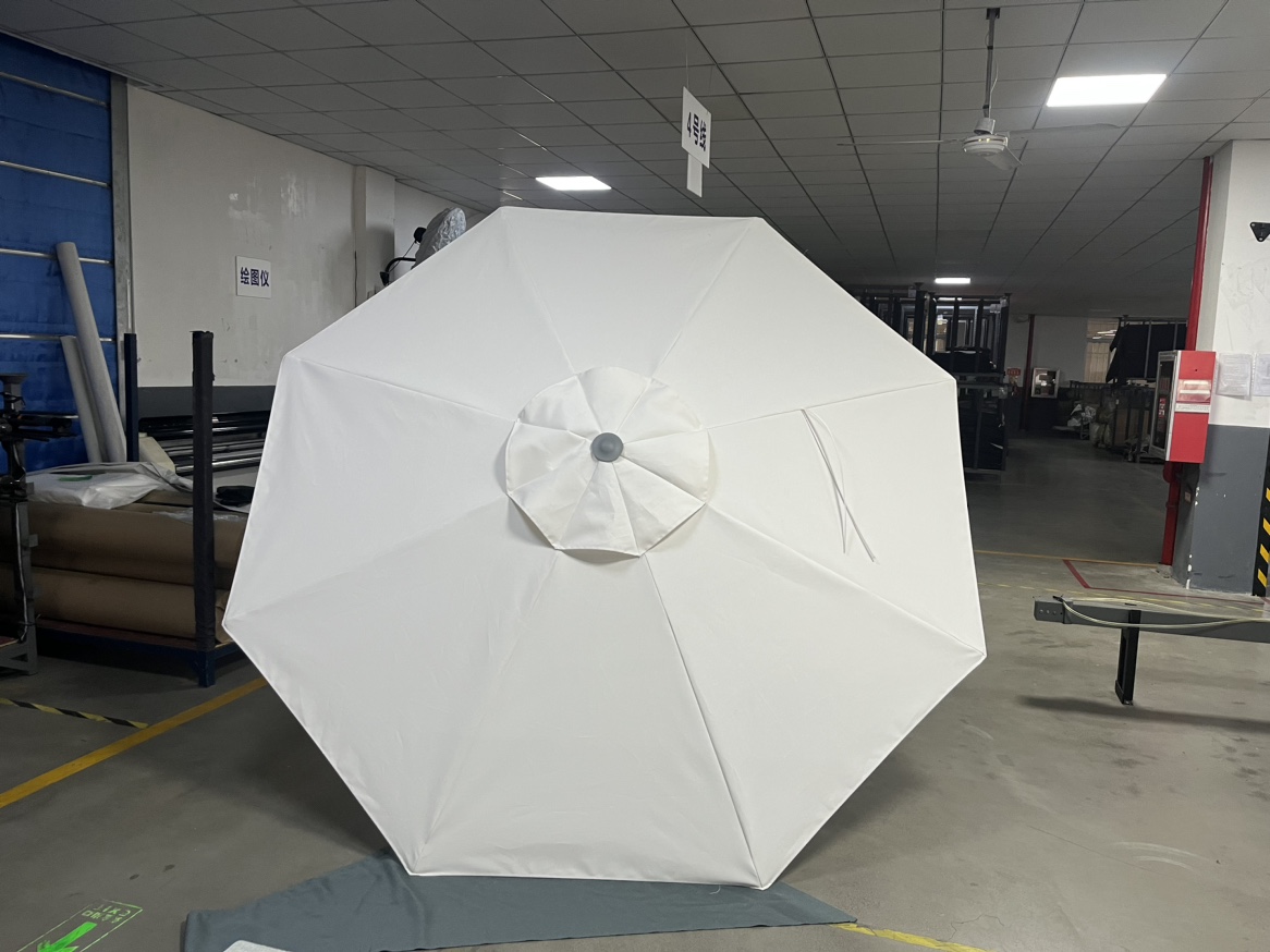 Front view of a commercial umbrella prepared for ultra-luxury resort deployment