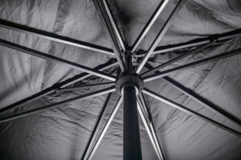 Tempo Piazza umbrella underside view featuring the ribs and support structure.