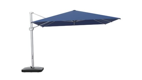 Tempo Tevere cantilever umbrella with a blue square canopy, hero shot.