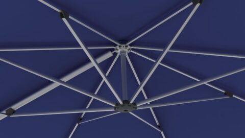 Tempo Tevere Umbrella: View of the underside canopy and frame structure.