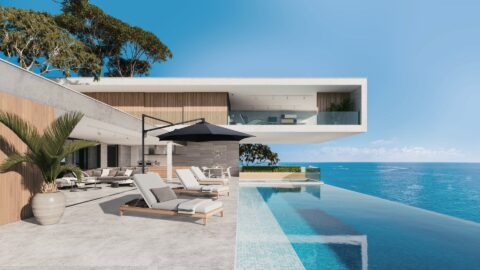Tempo Toscana cantilever umbrella in a modern outdoor poolside setting.