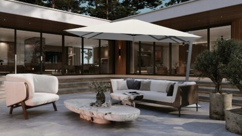 Tempo V1X outdoor umbrella in a patio setting