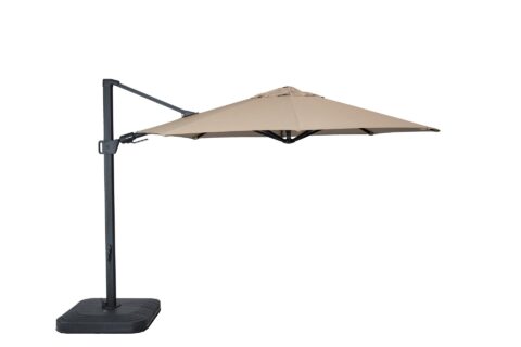 Zurich 11FT cantilever umbrella in an outdoor setting, shading a dining table